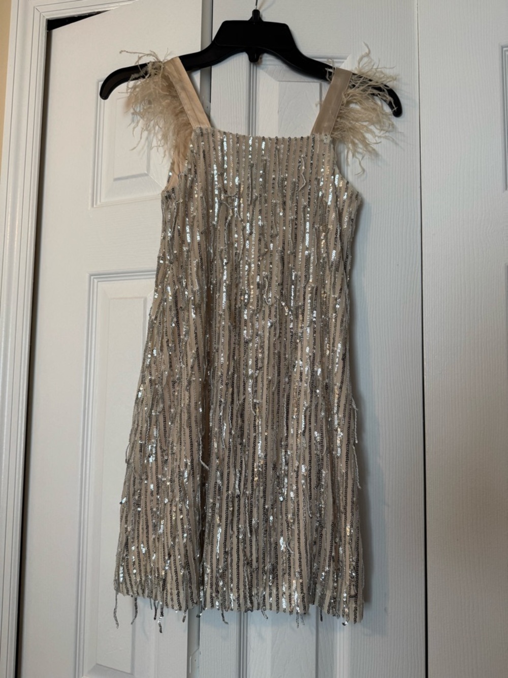 Girls Sequin Beige Party Dress with Feather Straps